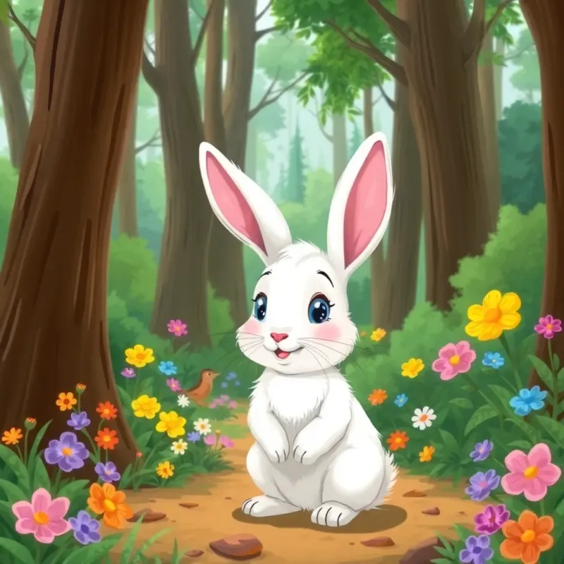 A lively forest scene with tall trees and colorful flowers, featuring a small rabbit named Rabi with fluffy white fur and big ears, looking curious and playful, digital art, vibrant colors, cheerful atmosphere, high quality