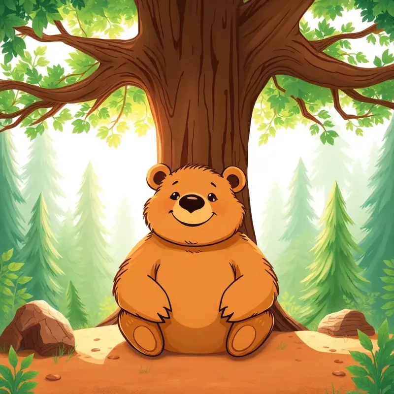 A friendly bear named Bob, large and brown, sitting contentedly under a big tree, smiling and surrounded by the forest, bright sunlight filtering through the leaves, illustration, heartwarming, child-friendly, captivating