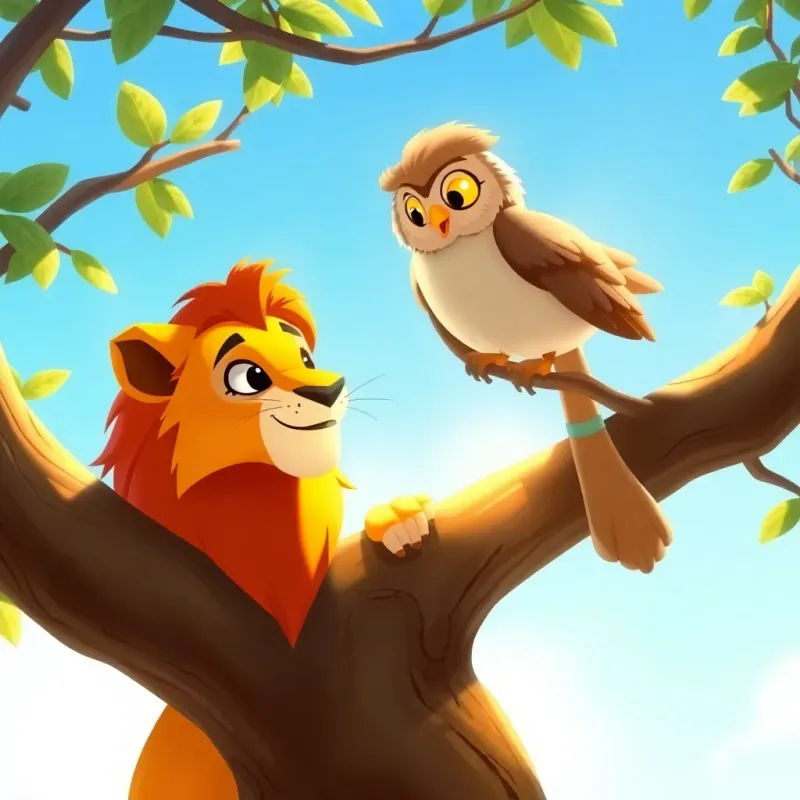 Khadouj the lioness, with shiny golden fur, conversing with a wise owl perched on a tree branch, under a bright blue sky, soft sunlight filtering through the leaves, illustration, cheerful, adventure-themed, child-friendly