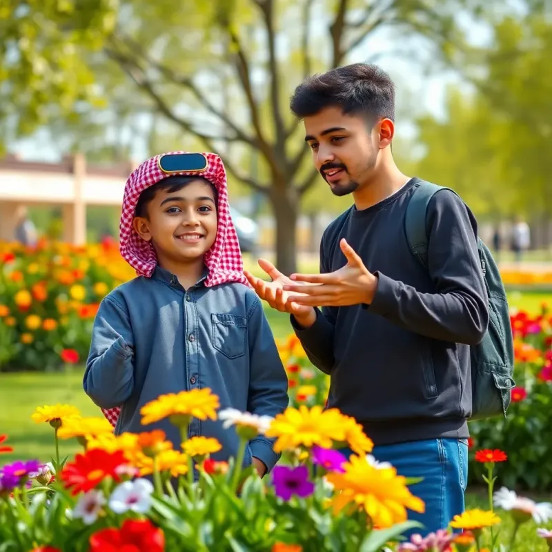 Two young Arab boys, Ahmad and Karim, discussing insulin resistance in a sunny park, with Ahmad gesturing enthusiastically about health, colorful flowers around, lively setting, engaging scene, child-friendly, high quality