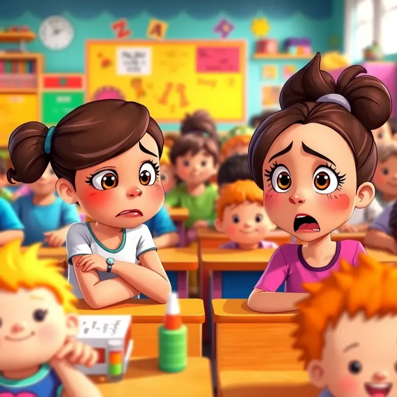 A colorful classroom full of children, with two girls, Layla and Sarah, arguing with expressions of frustration and surprise, digital art, vibrant colors, lively atmosphere, high quality