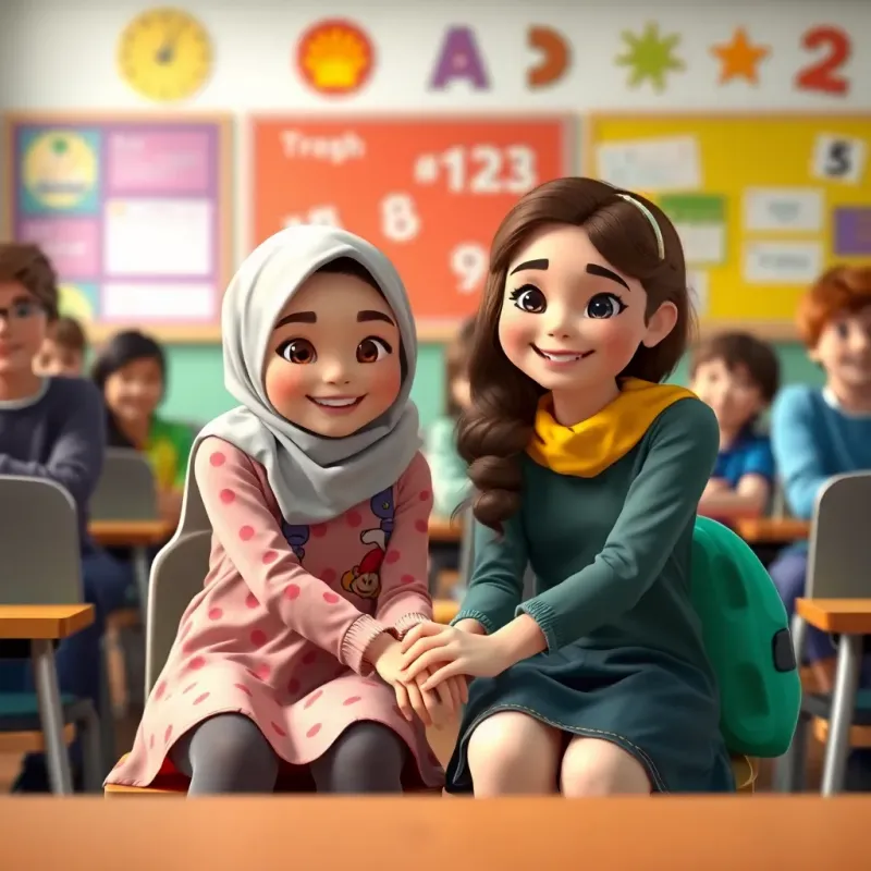Two girls, Layla and Sarah, sitting together with smiling faces and an atmosphere of friendship, holding hands in front of their classmates, colorful classroom background, cheerful, uplifting