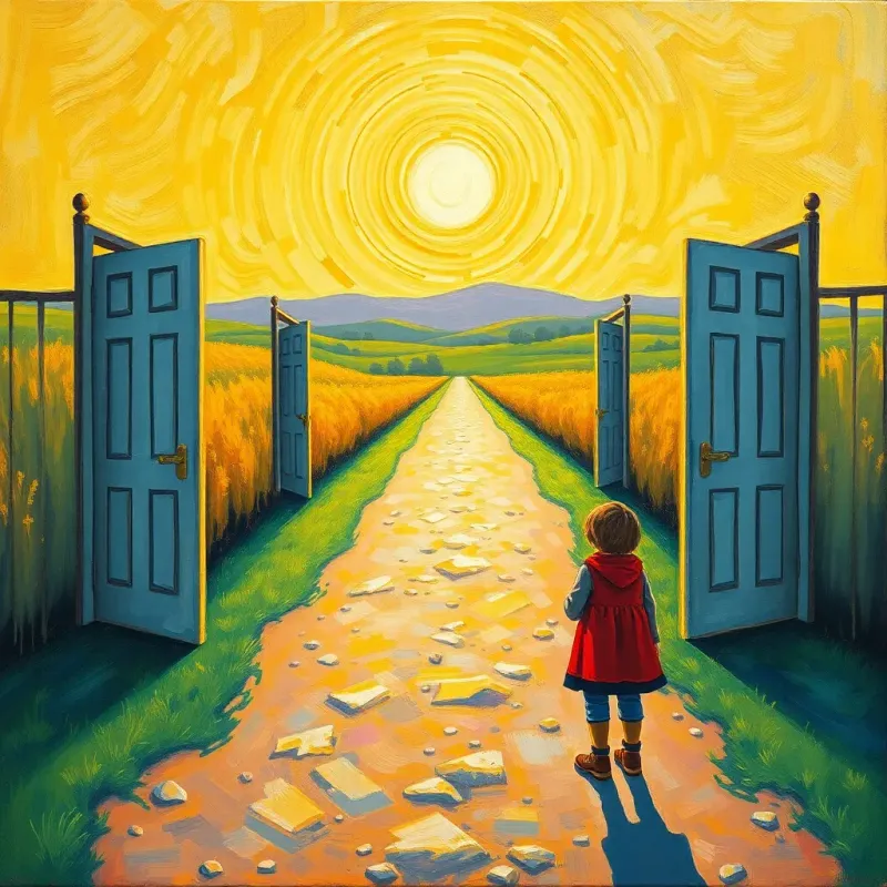 A kind figure standing by a straight path with open doors on both sides, calling to children to enter the path, serene landscape, bright and welcoming light, warm colors, inspiring atmosphere, high quality