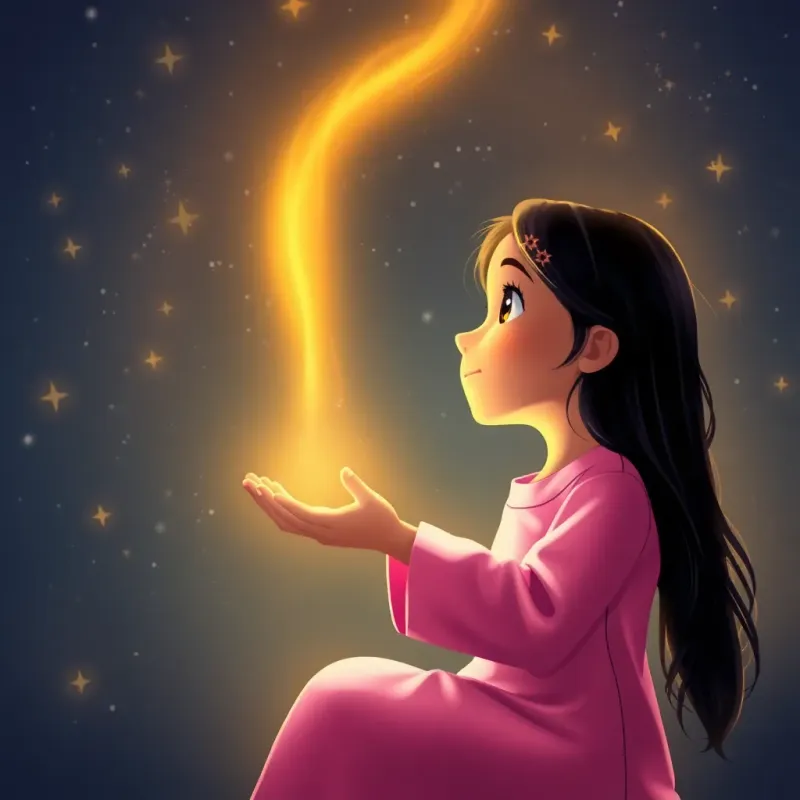 Layan, a young Arab girl with long dark hair in pink pajamas, watching a golden light rising from her hands into the night sky, surrounded by twinkling stars, digital art, magical and serene, heartwarming scene, high quality