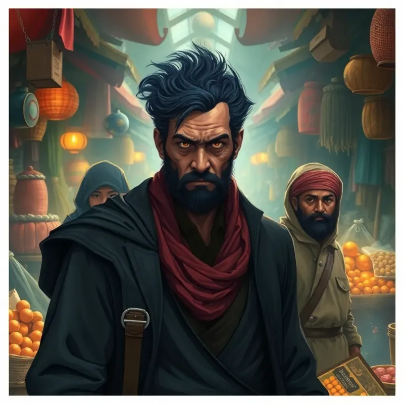 A mysterious man, the leader, with a strong presence, standing in front of the rebellious trader, in a market full of activity, detailing expressions of wonder and determination, digital illustration, rich colors, engaging focus