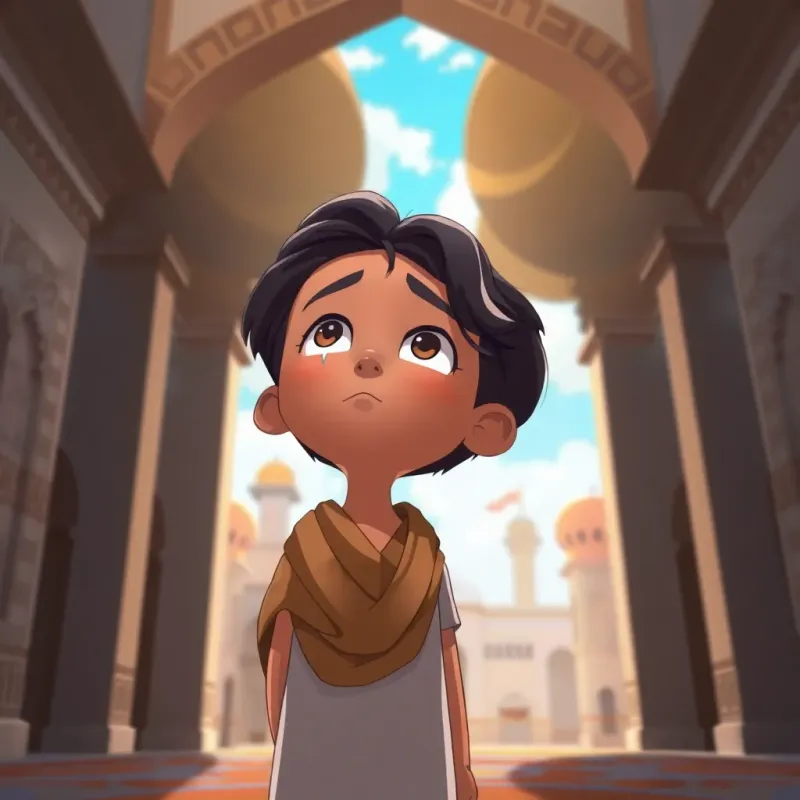 A young Arab boy, Salem, with dark hair and brown skin, standing at the entrance of a mosque, looking up with determination and tears in his eyes, surrounded by traditional architecture and a bright sky, illustration, hopeful, spiritual theme, child-friendly