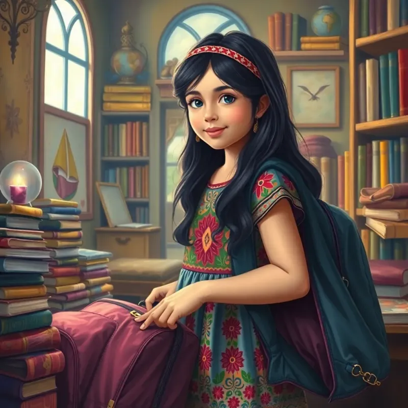 A young Arab girl, Mariam, with long dark hair, wearing a colorful dress, packing her bag in a cozy room filled with books and dreams, soft light, vibrant colors, hopeful and adventurous, high quality