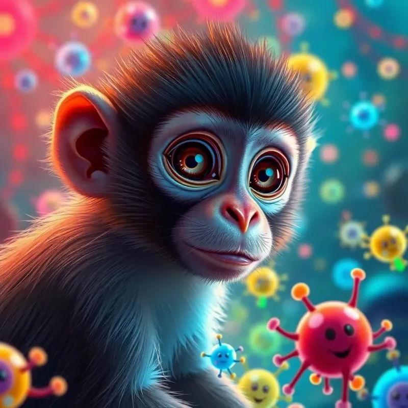 Sami, the small monkey with a curious look, observing tiny brain cells working together in a lively and colorful environment, digital painting, bright colors, educational theme, high detail