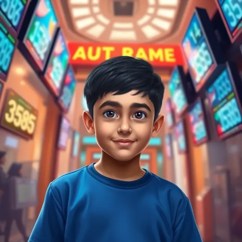 A young boy, Omar, with short black hair and bright eyes, wearing a blue shirt, entering the Jordan Audit Bureau, bright and colorful screens displaying numbers around him, cheerful atmosphere, digital art, detailed, inviting setting, warm light, high quality