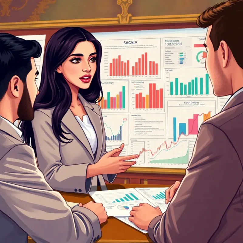 Sana, a young Jordanian woman with long dark hair wearing a professional blazer, explaining the financial systems to Omar and his friends, surrounded by charts and graphs, educational environment, vibrant colors, engaging interaction, digital illustration, uplifting