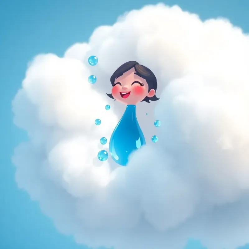 Nada, a small water droplet, in a fluffy white cloud laughing with other droplets, the scene is bright with a cool ambiance, digital painting, colorful, friendly feel, cheerful atmosphere