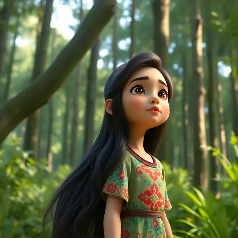 A young Arab girl, Noor, with long, dark hair wearing a colorful dress, standing in a lush green forest, looking amazed at the tall trees, with a soft green light, nature elements, serene details, high quality
