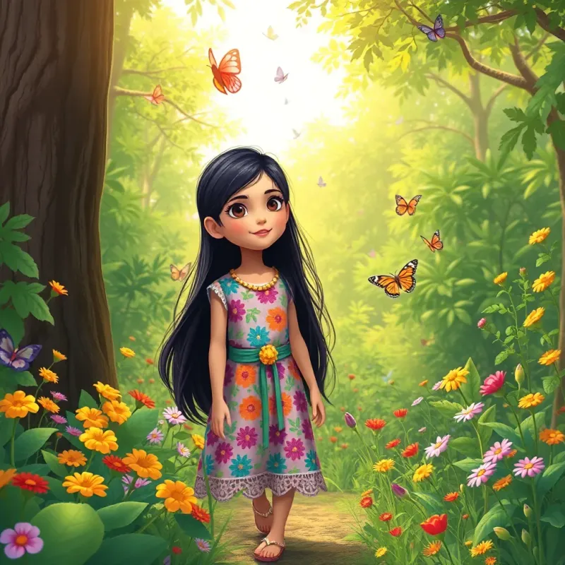 Rahma, a young girl with long dark hair in a colorful sundress, exploring a lush green forest with her friend Leila, surrounded by colorful flowers and butterflies, a sense of adventure, illustration, warm sunlight, inviting scene, high quality