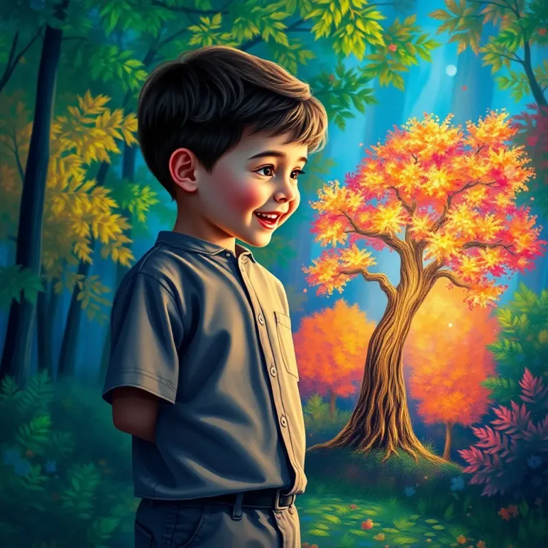 A young boy, James, with short curly hair wearing a simple shirt and shorts, excitedly looking at a glowing drawing of a tree, surrounded by colorful forest, digital art, vibrant colors, cheerful atmosphere, high quality