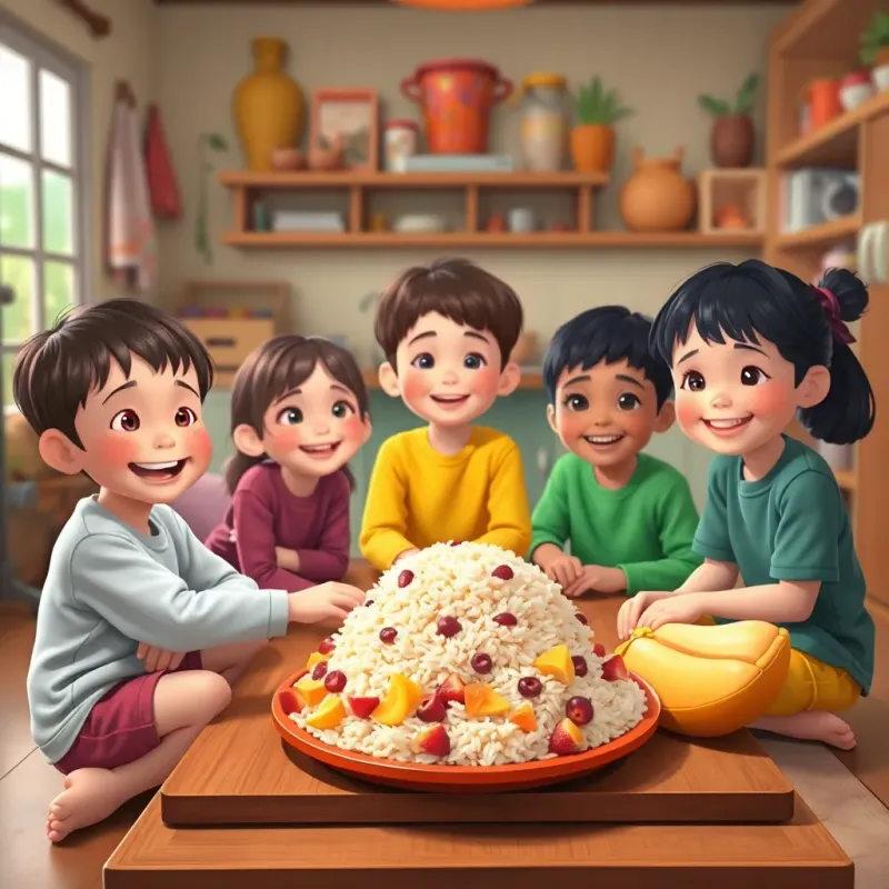 A group of kids, sitting together with smiles, practicing how to fast, sharing a big plate of rice and fruits, in a cozy kitchen, colorful, cheerful environment, digital art, inviting atmosphere, high quality