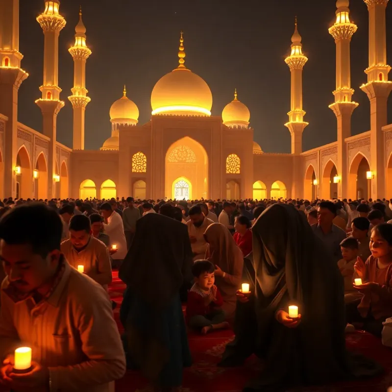 A bright mosque lit up at night, filled with worshippers, a sense of peace and community evident, children praying joyfully with their families, warm light, cozy ambiance, high quality
