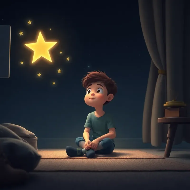 A young boy sitting in a quiet room at night, thinking about the Night of Decree, with floating sparkling stars, feeling hopeful, imaginative scene, high quality