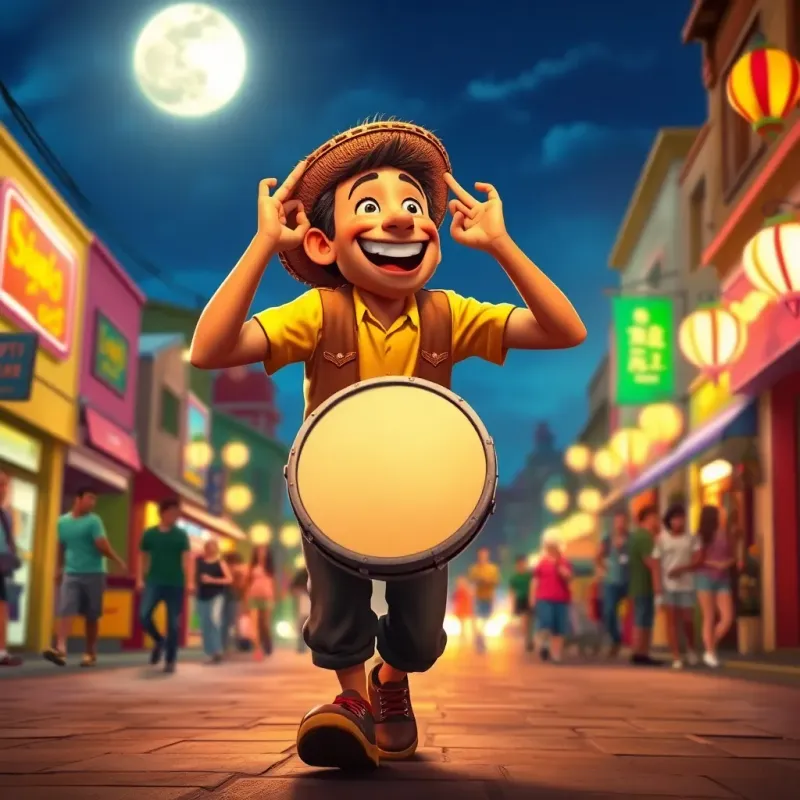 A cheerful man, the drummer, walking through the streets with a drum, calling out to people, under the moonlight, creating an uplifting scene, colorful and vibrant atmosphere, high quality