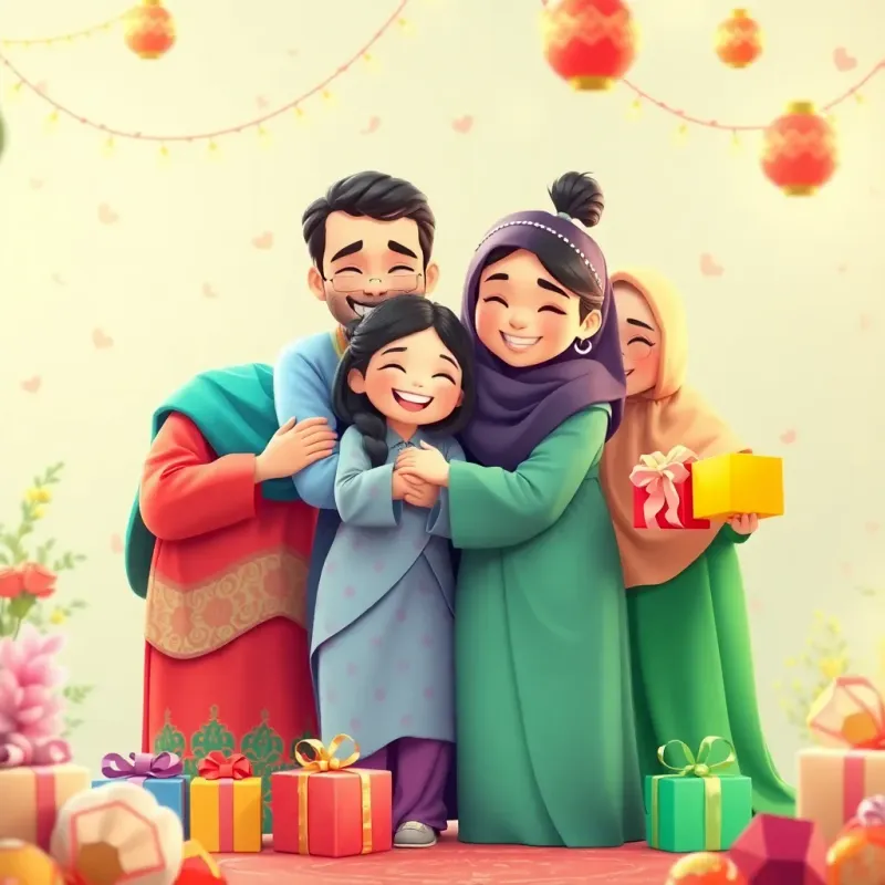 A family celebrating Eid, wearing colorful clothes, smiling, giving hugs, surrounded by gifts and sweets, joyful atmosphere, digital art, heartwarming quality, high quality