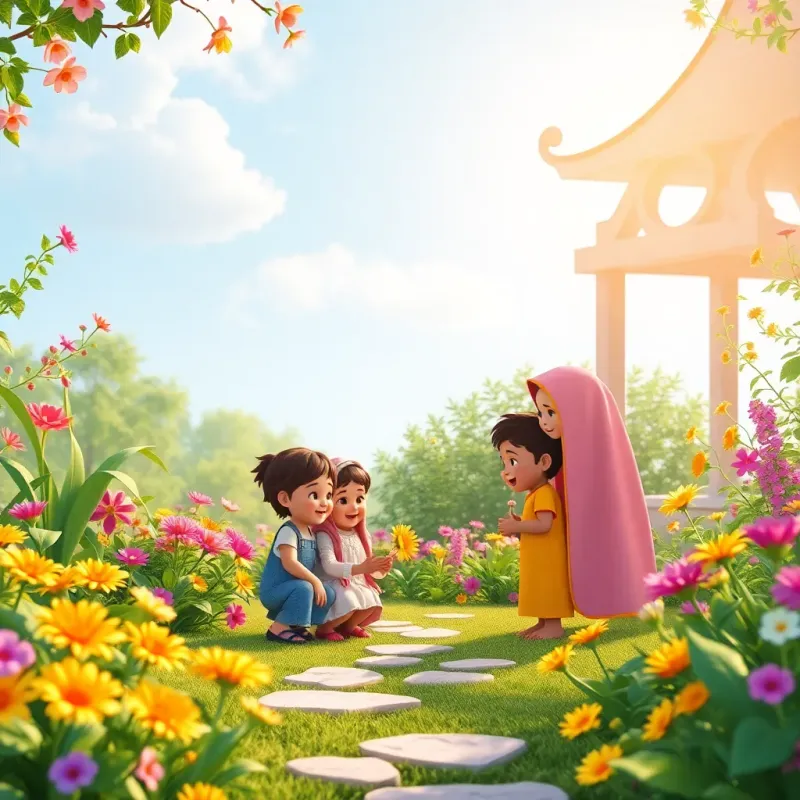 A beautiful garden scene representing the kindness learned in Ramadan, with children helping each other, playing together, colorful flowers, and bright surroundings, joyful and harmonious, high quality