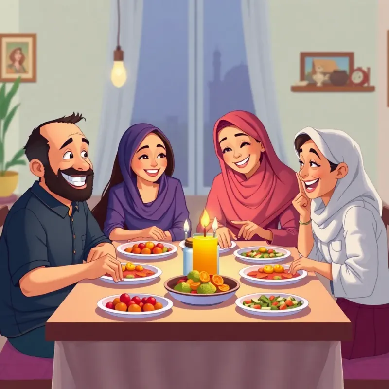 A beautiful family sitting together at a table for Iftar, colorful dishes of food, laughter and smiles, cozy home atmosphere, vivid colors