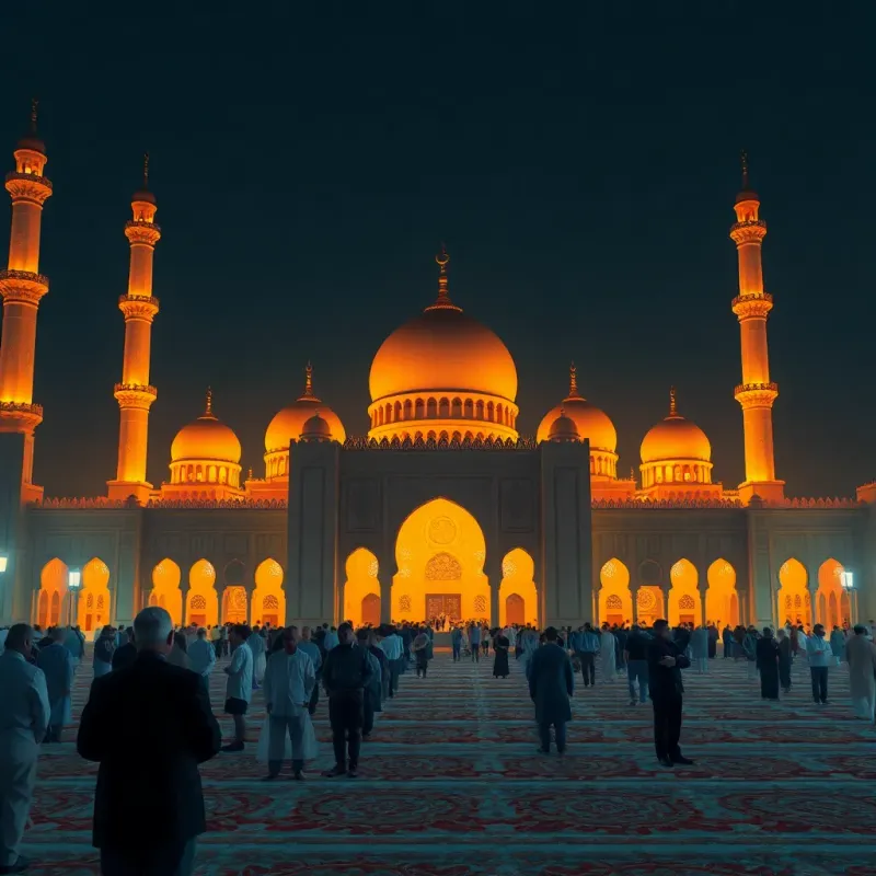 A mosque illuminated for Taraweeh prayer, people standing in prayer, warm golden lights and a peaceful atmosphere, high quality