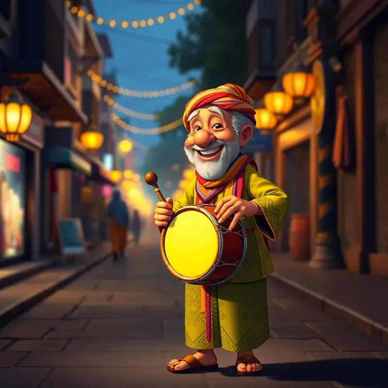 A cheerful old drummer, walking in the street at night, waking people up for suhoor with his drum, colorful outfit and warm light, vibrant and inviting