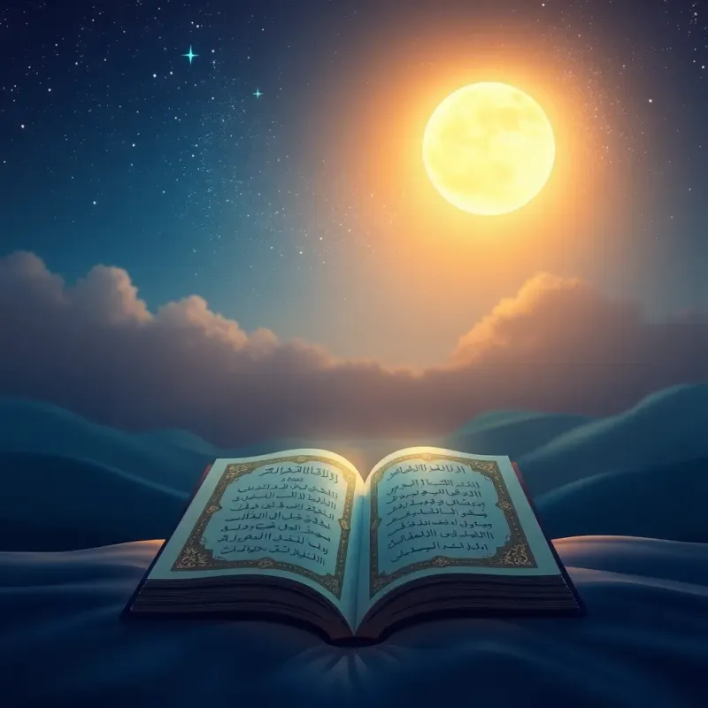 A mystical night scene depicting the Night of Decree, a glowing sky with stars, a beautiful Quran, serene atmosphere, soft colors and light, artistic illustration