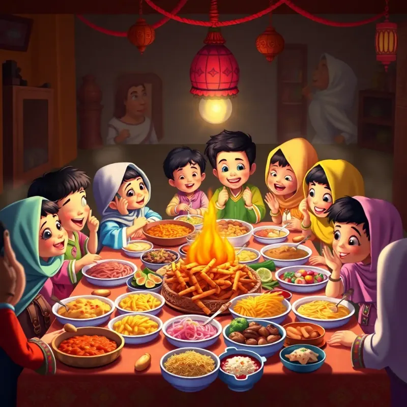 An overflowing table of diverse Ifthar dishes, with children happily enjoying food together, rich colors and joyful expressions, high quality
