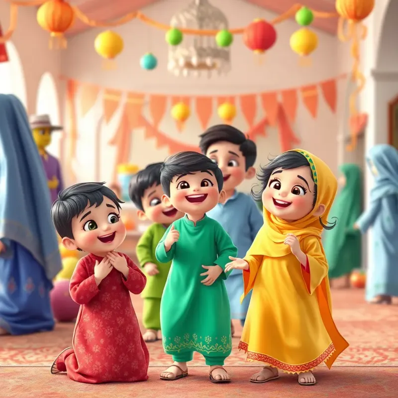 Children playing and having fun in preparations for Eid, colorful clothes and decorations, joyful expressions and laughter, bright colors and cheerful atmosphere