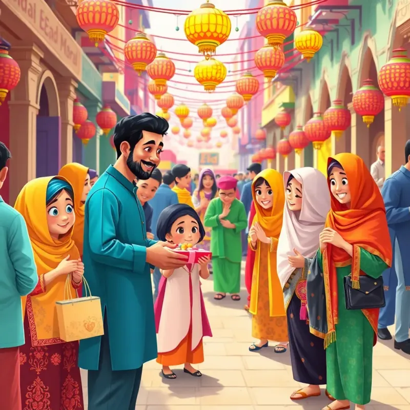 A vibrant street scene during Eid, families dressed in traditional clothing exchanging gifts and sweets, cheerful atmosphere, vivid and colorful surroundings