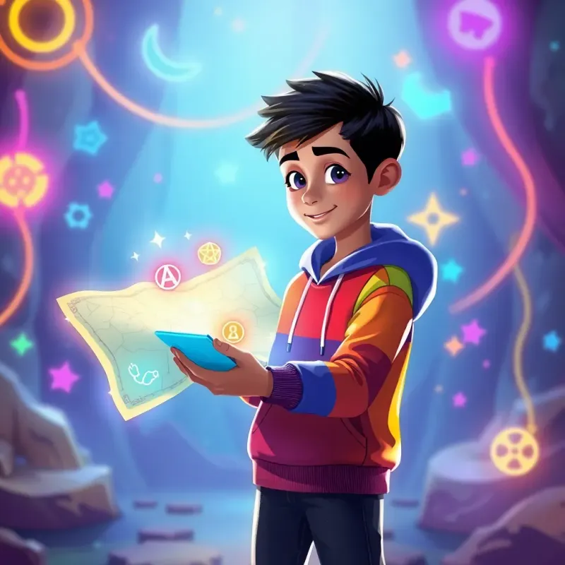 Rayan, a young Arab boy with short black hair in a colorful hoodie and jeans, exploring a digital treasure map with mysterious symbols in his hands, surrounded by bright neon lights and whimsical holograms, playful mood, vibrant colors, illustration, adventure theme