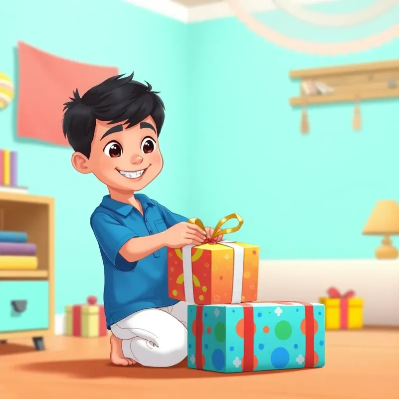 A young boy, Ali, with short black hair, wearing a blue shirt and white pants, carefully wrapping a colorful gift in his room with a smile, illustration, cheerful, vibrant, colorful