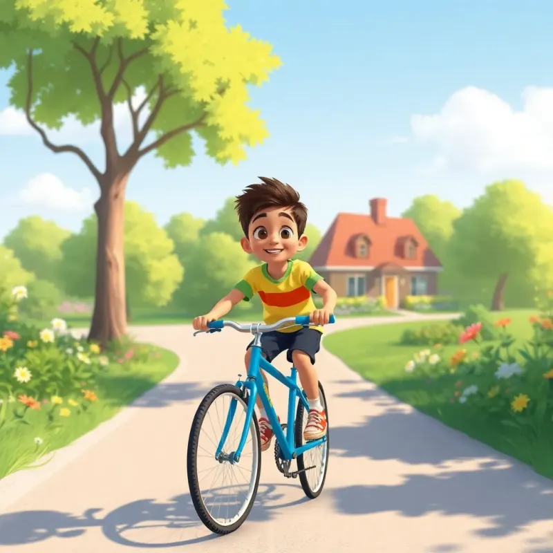 A boy named Ali, riding a blue bicycle on a sunny day, heading towards his friend Sami's house, surrounded by green trees and flowers, digital painting, cheerful, colorful, clear sky