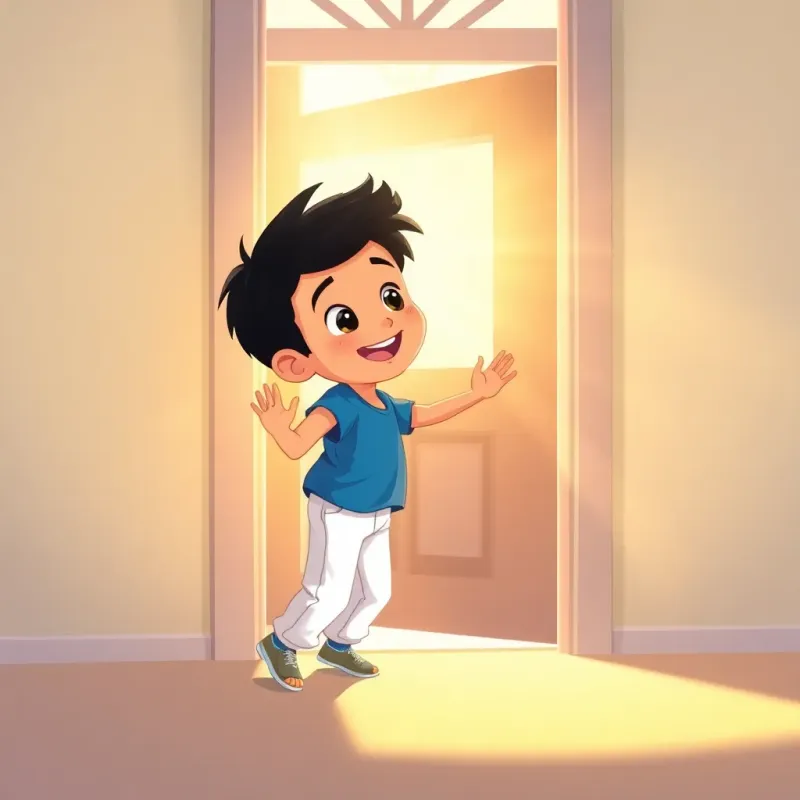 Ali, a young boy, with short black hair, wearing a blue shirt and white pants, knocking on the door with excitement, sunlight streaming in, illustration, happy, warm atmosphere