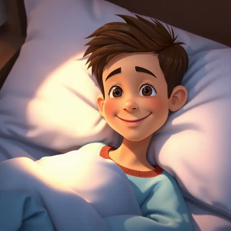 A sick boy named Sami, with short brown hair, wearing pajamas, lying in bed with a smile while looking at Ali, warm light, emotional, friendly scene