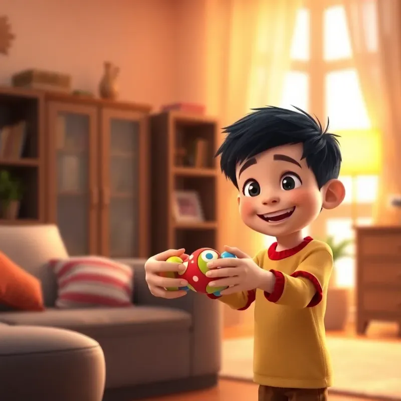 Ali, a cheerful boy, with short black hair, handing a colorful toy to Sami with a big smile in a cozy room, warm light, friendly and inviting