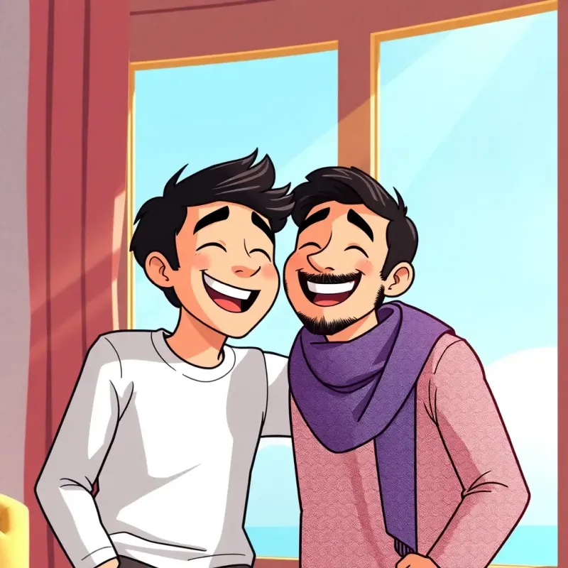 Ali and Sami laughing together, with sunlight streaming through the window, a sense of friendship and joy, illustration, bright, happy