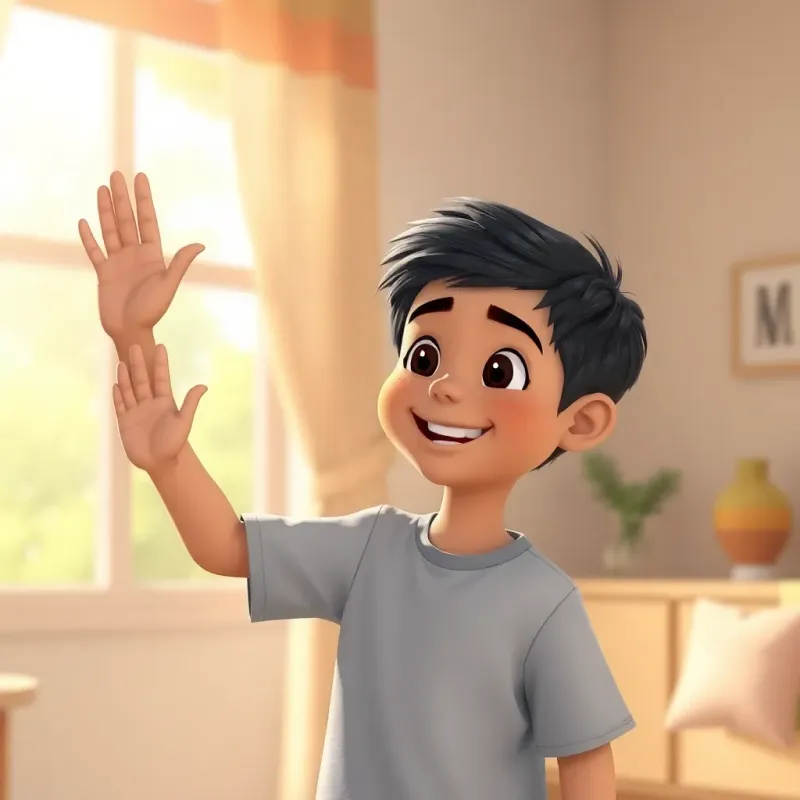 A happy boy named Ali, with short black hair, waving goodbye to Sami at the end of the visit, light filtering through the window, warm and bright, friendly atmosphere
