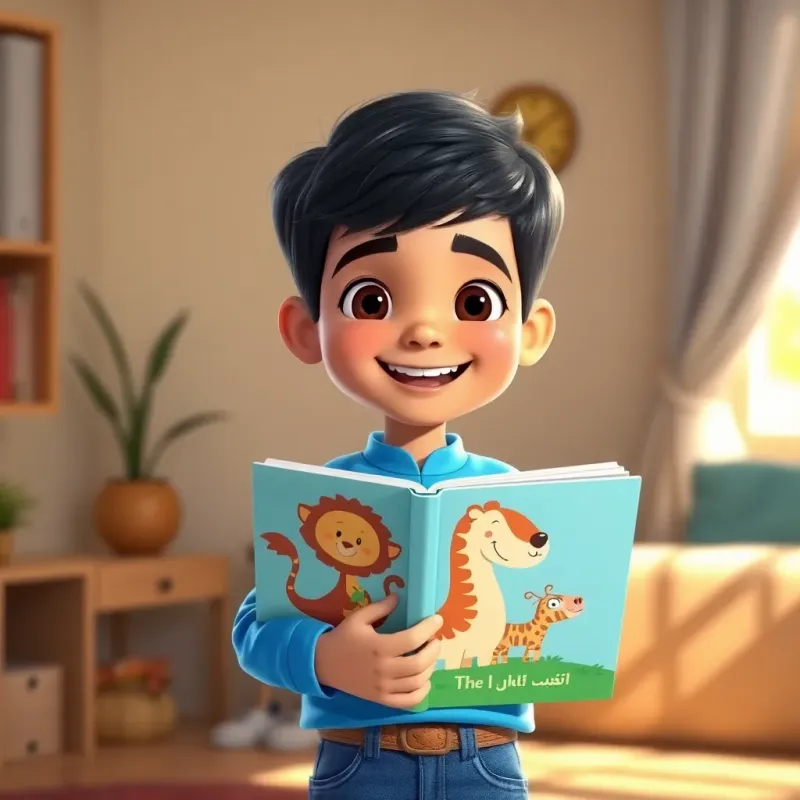 A young Middle Eastern boy, Sami, with short dark hair, wearing a bright blue shirt and jeans, holding a colorful animal book in his hand, smiling with a joyful expression, cozy room setting, bright sunlight, heartwarming, illustration
