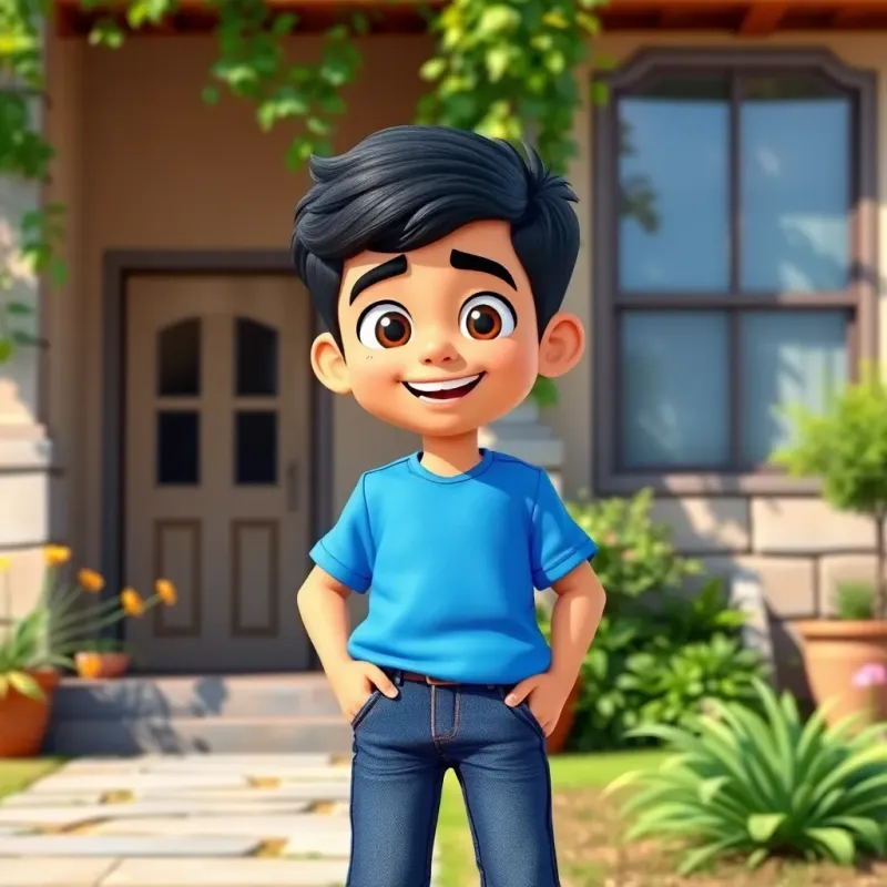 A young Middle Eastern boy, Sami, with short dark hair, wearing a bright blue shirt and jeans, standing in front of a house with greenery, looking happy and excited, sunny day, friendly neighborhood, lively illustration