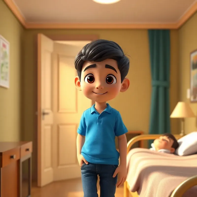 A young Middle Eastern boy, Sami, with short dark hair, wearing a bright blue shirt and jeans, entering a room with a sick boy, cheerful atmosphere, warm colors, caring vibe, heartwarming scene