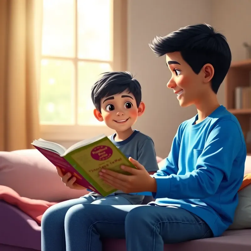 A young Middle Eastern boy, Sami, with short dark hair, wearing a bright blue shirt and jeans, looking at the sick boy with a smile as they read together, bright sunlight streaming in, joyful moment, cheerful and friendly