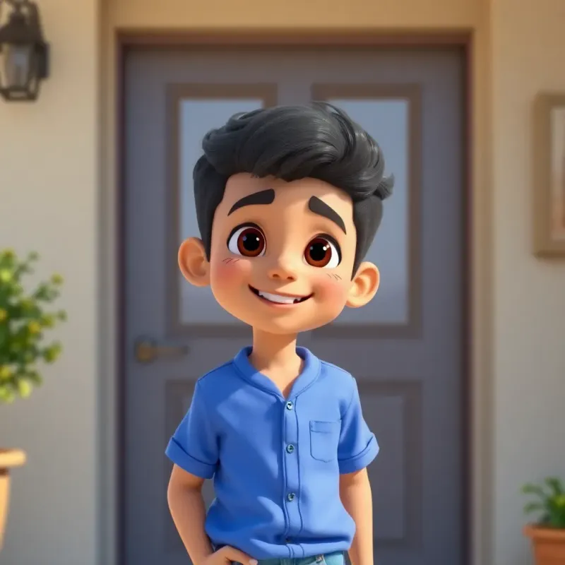 A young Middle Eastern boy, Sami, with short dark hair, wearing a bright blue shirt and jeans, leaving the house with a smile on his face, feeling happy to make a friend smile, cheerful mood, sunny day, uplifting