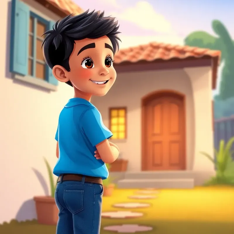 A young Middle Eastern boy, Sami, with short dark hair, wearing a bright blue shirt and jeans, looking back at the house with warmth, happy to have brought joy to his friend, bright and optimistic feeling, heartwarming illustration