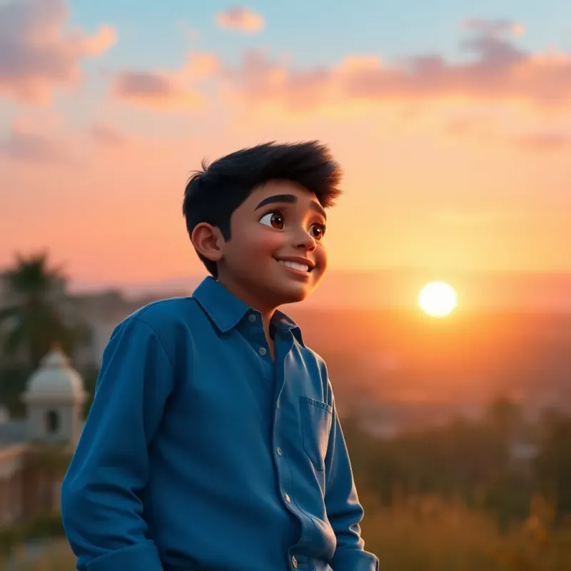 A young Middle Eastern boy, Sami, with short dark hair, wearing a bright blue shirt and jeans, smiling at the sunset, reflecting on a day spent with a friend, warm colors, peaceful atmosphere, inspiring scene