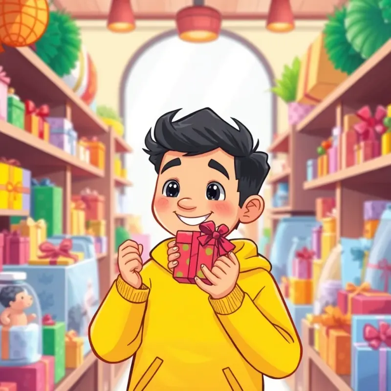 Yasser holding a small colorful gift in a shop, looking happy, surrounded by various gift items, bright lighting, vibrant colors, illustration, cheerful atmosphere, high quality