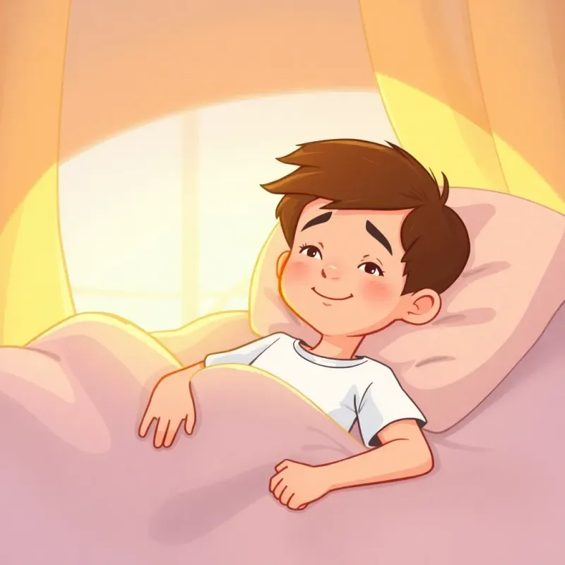 Rami, a young boy with short brown hair, lying in bed wearing a t-shirt, appearing a bit tired but smiling when Yasser enters the room, warm light, cozy feel, illustration, child-friendly, high quality