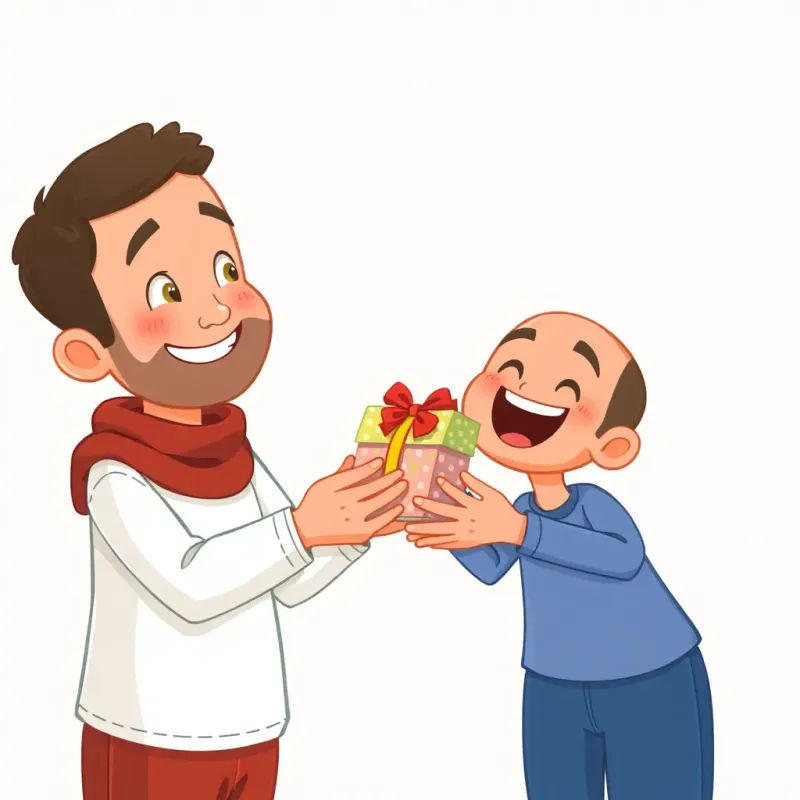 Yasser handing over the colorful gift and card to Rami, Rami's face lighting up with joy, soft colors, friendly atmosphere, cheerful interaction, illustration, high quality