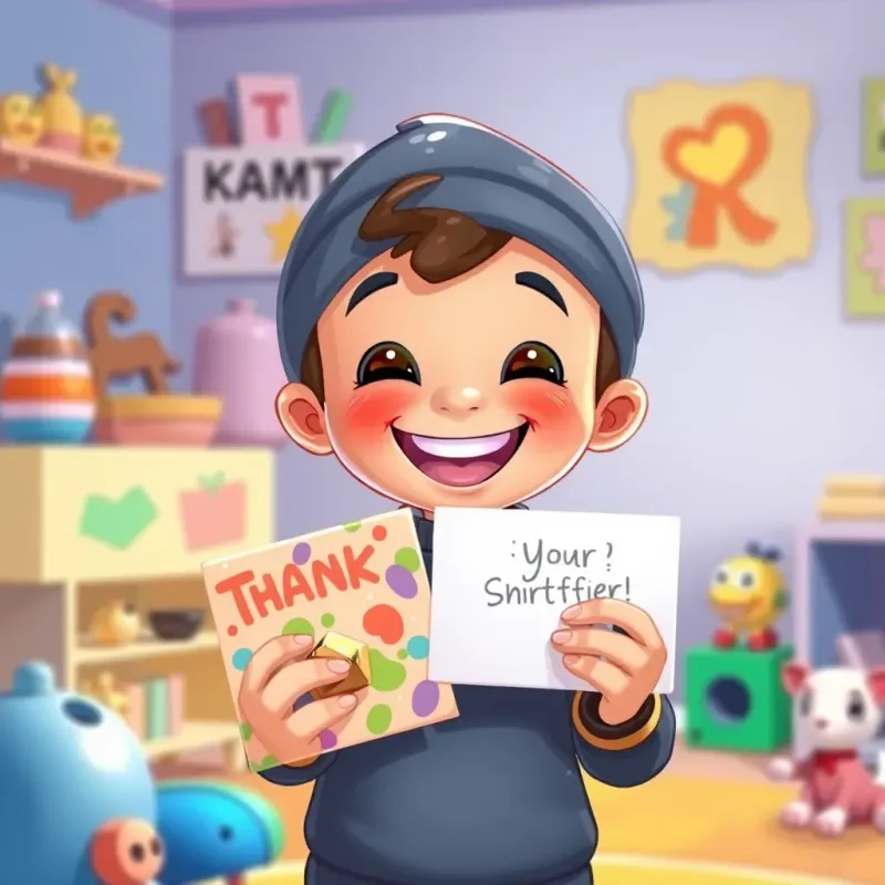 Rami smiling broadly while holding the colorful toy and card, happy and thankful expression, bright and colorful room with toys, digital art, warm atmosphere, high quality